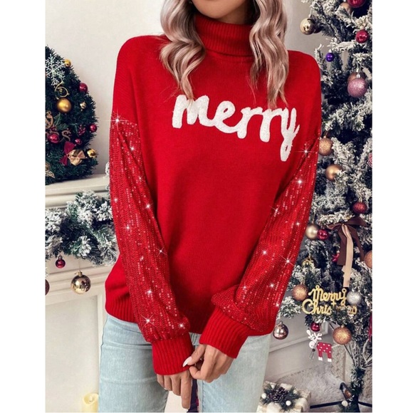 Christmas Red Turtleneck Sweater with Sequin Sleeves - Picture 5 of 8